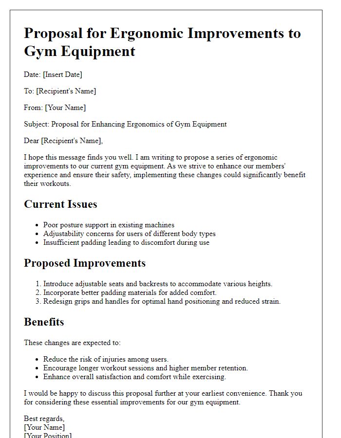 Letter template of ergonomic improvements proposal for gym equipment.