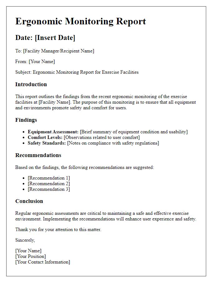 Letter template of ergonomic monitoring report for exercise facilities.