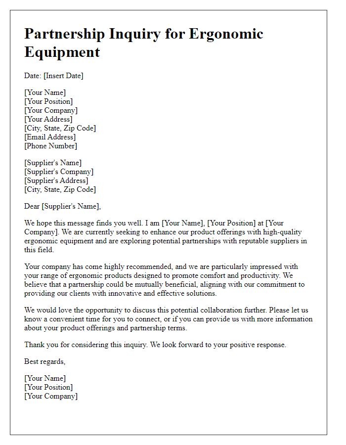 Letter template of partnership inquiry for ergonomic equipment suppliers.