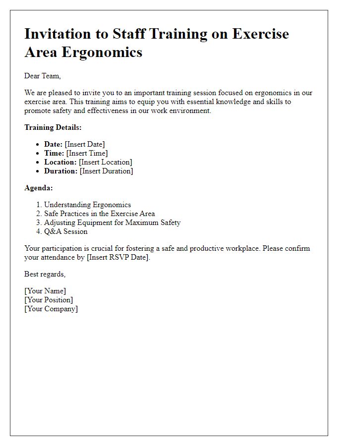 Letter template of staff training on exercise area ergonomics.