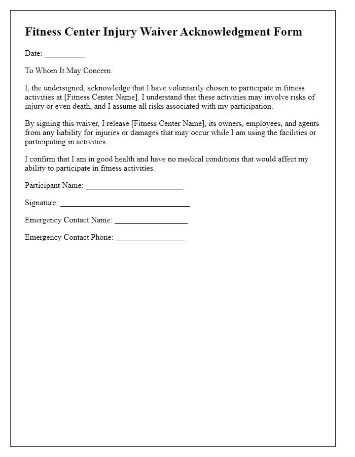 Letter template of fitness center injury waiver acknowledgment form.