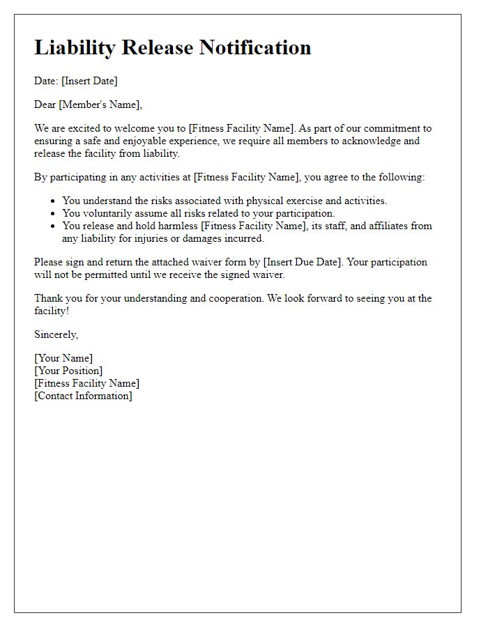 Letter template of fitness facility liability release notification.