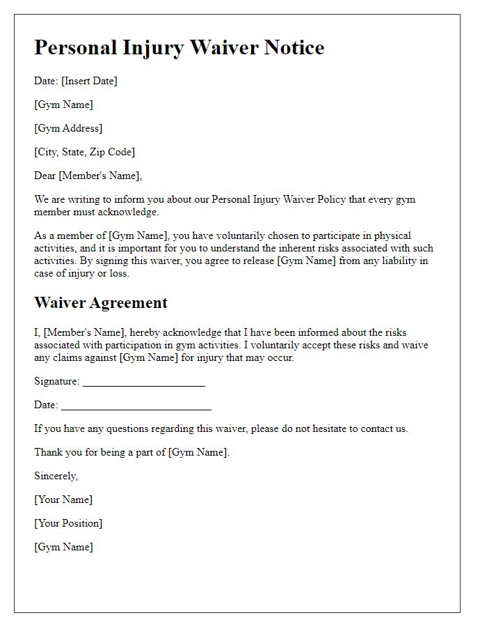 Letter template of gym member personal injury waiver notice.