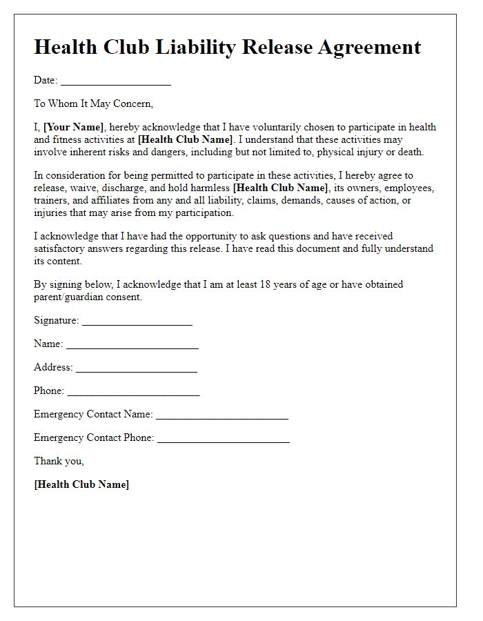 Letter template of health club liability release agreement.