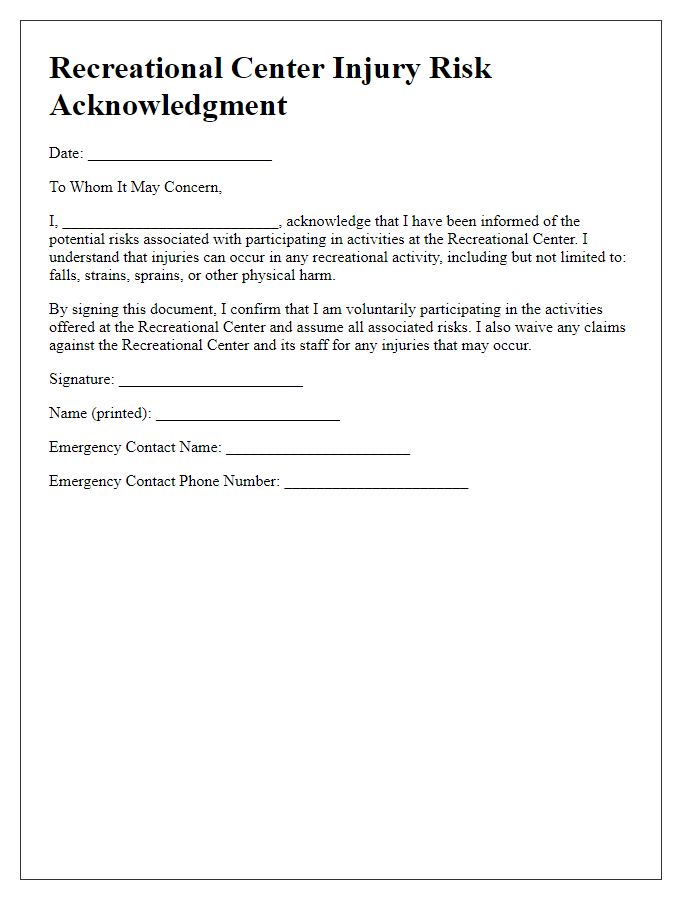 Letter template of recreational center injury risk acknowledgment.