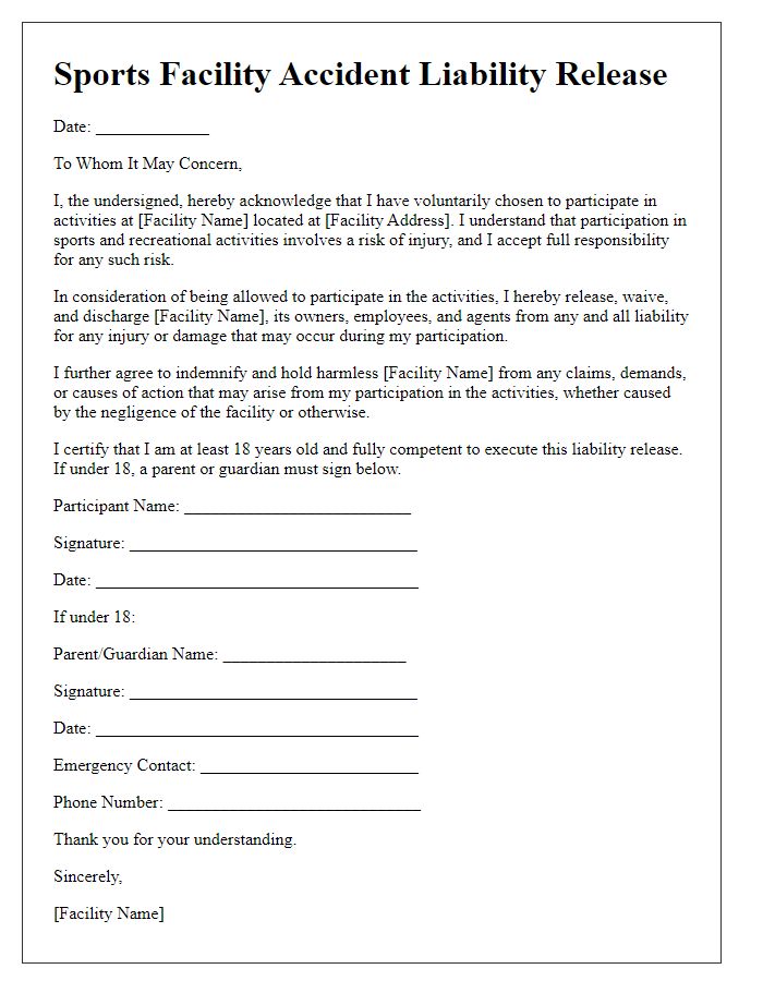 Letter template of sports facility accident liability release.