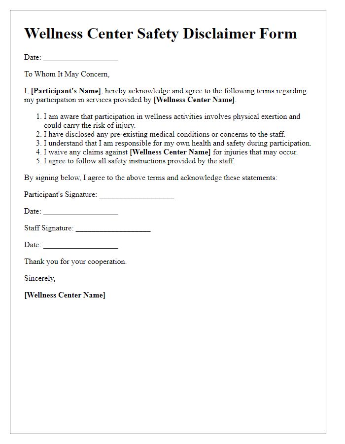 Letter template of wellness center safety disclaimer form.