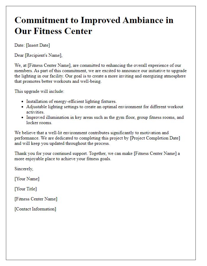 Letter template of commitment to improved ambiance through upgraded lighting in fitness center.