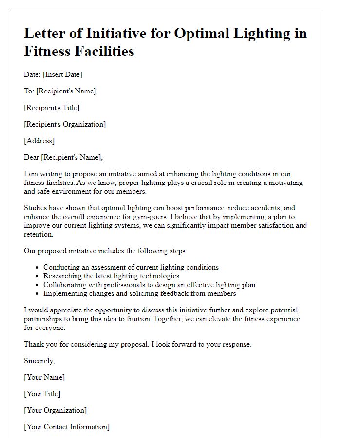 Letter template of initiative for optimal lighting in fitness facilities.