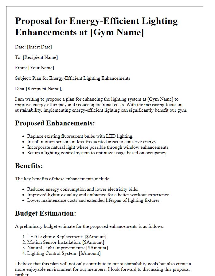 Letter template of plan for energy-efficient lighting enhancements at gym.