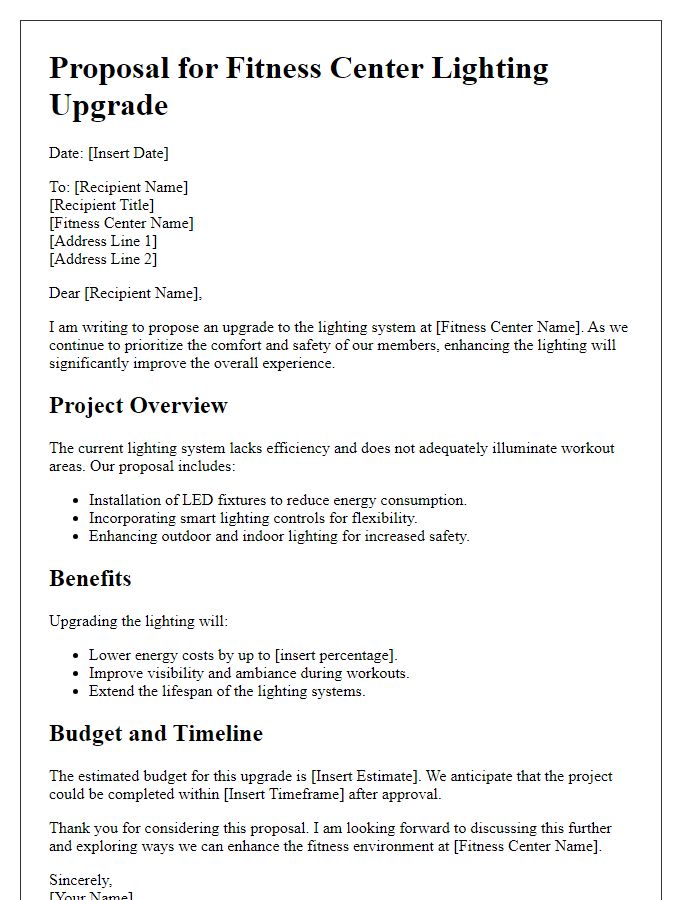 Letter template of proposal for fitness center lighting upgrade.