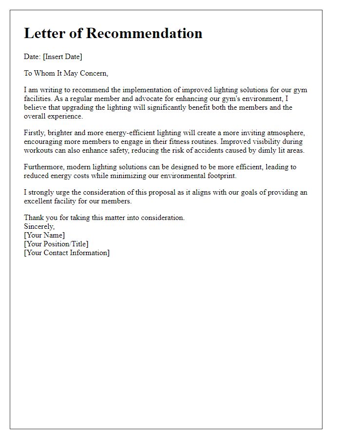 Letter template of recommendation for improved lighting solutions in gym.