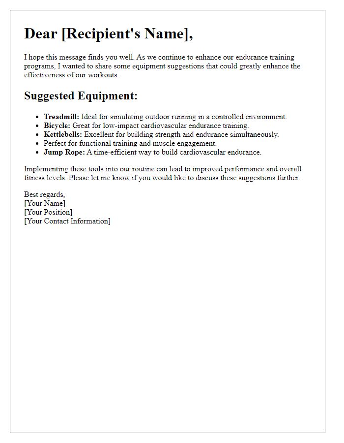 Letter template of equipment suggestions for effective endurance workouts.