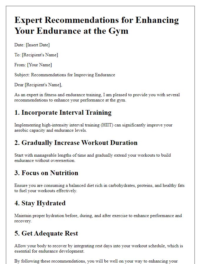 Letter template of expert recommendations for enhancing your endurance at the gym.