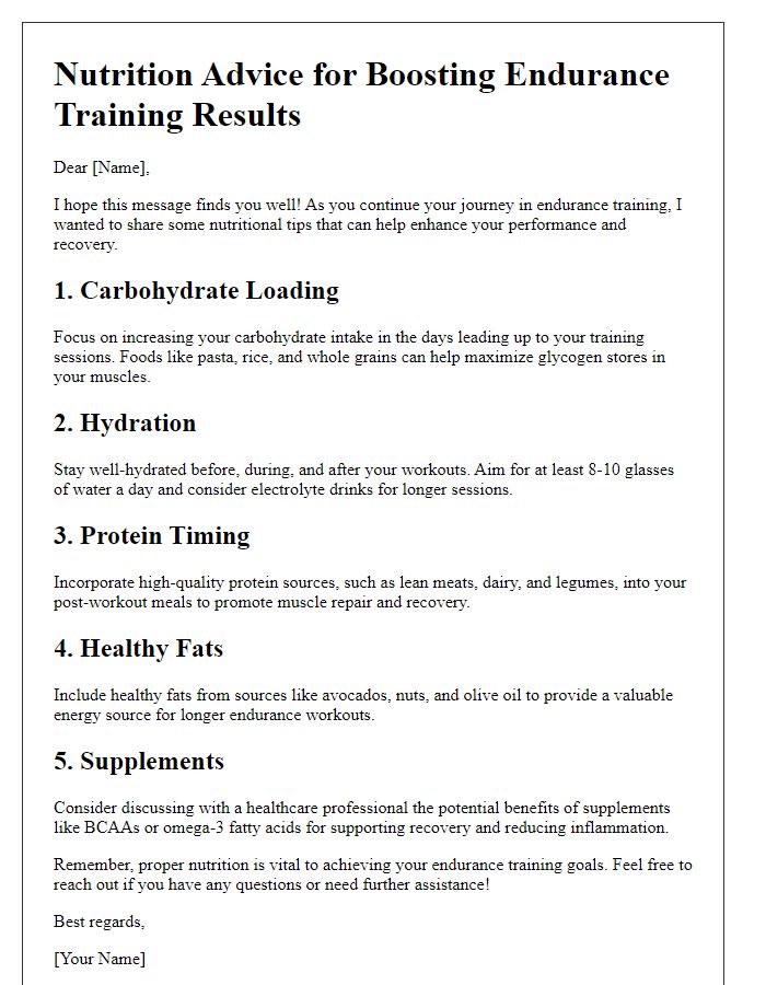 Letter template of nutrition advice to boost your endurance training results.