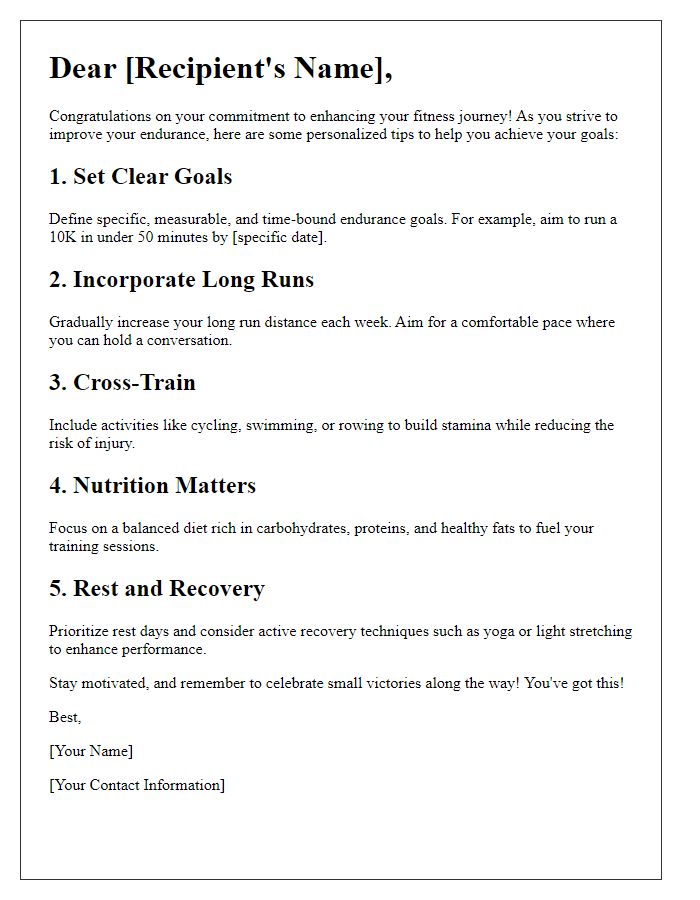 Letter template of personalized endurance training tips for fitness enthusiasts.