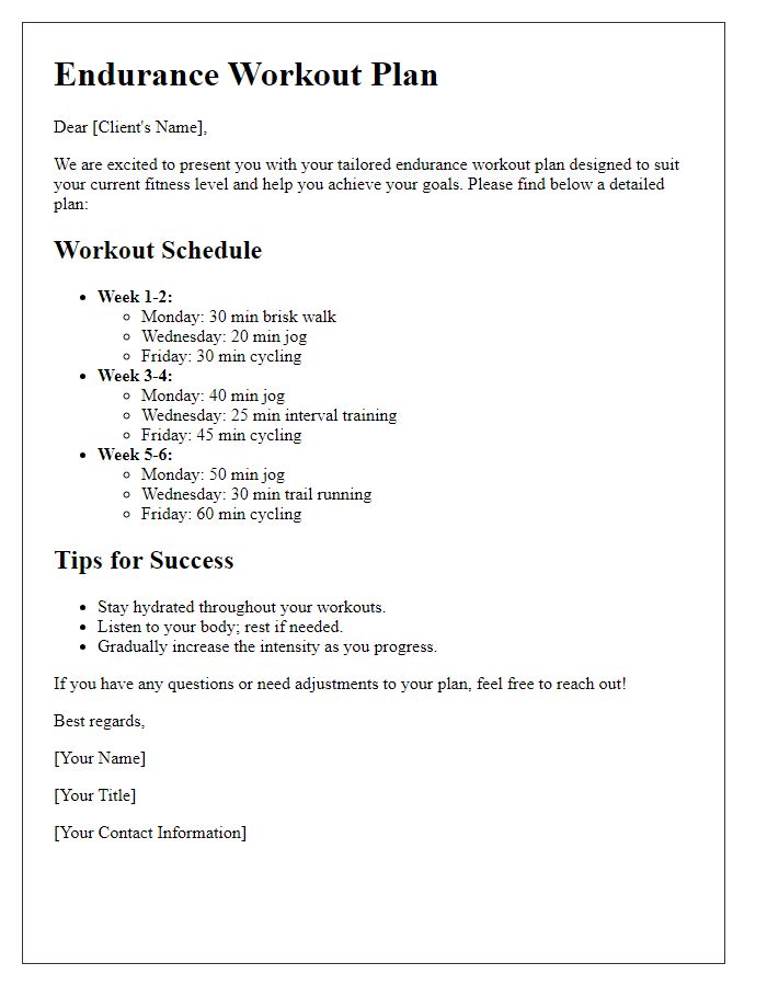 Letter template of tailored endurance workout plans for all fitness levels.