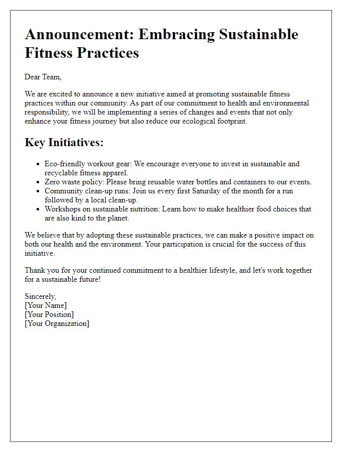 Letter template of announcement on sustainable fitness practices