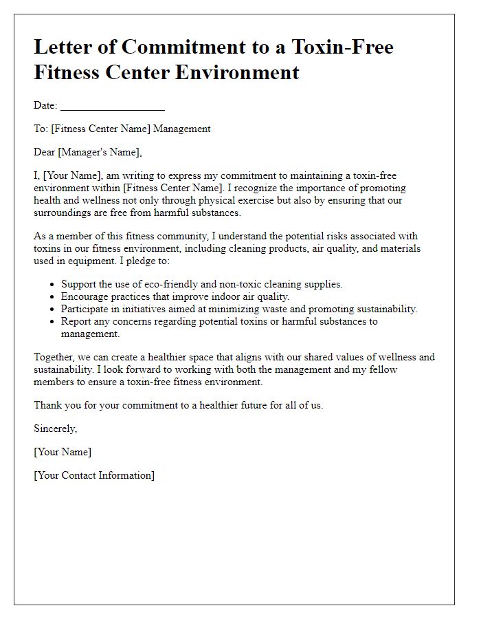 Letter template of commitment to a toxin-free fitness center environment