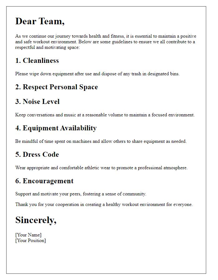 Letter template of guidelines for maintaining a healthy workout environment