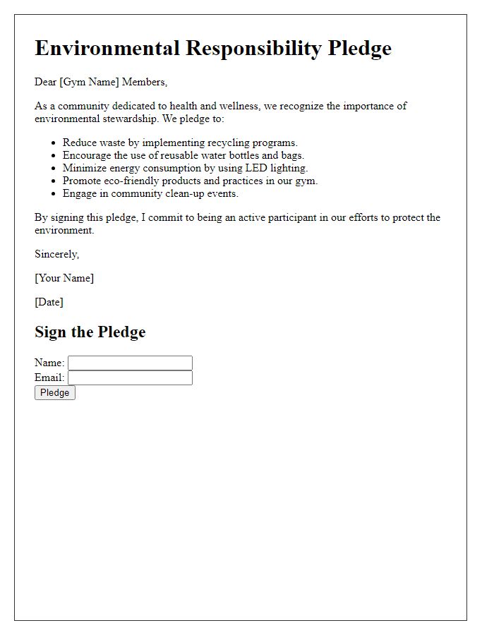 Letter template of pledge for environmental responsibility at our gym