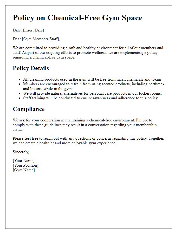 Letter template of policy regarding a chemical-free gym space