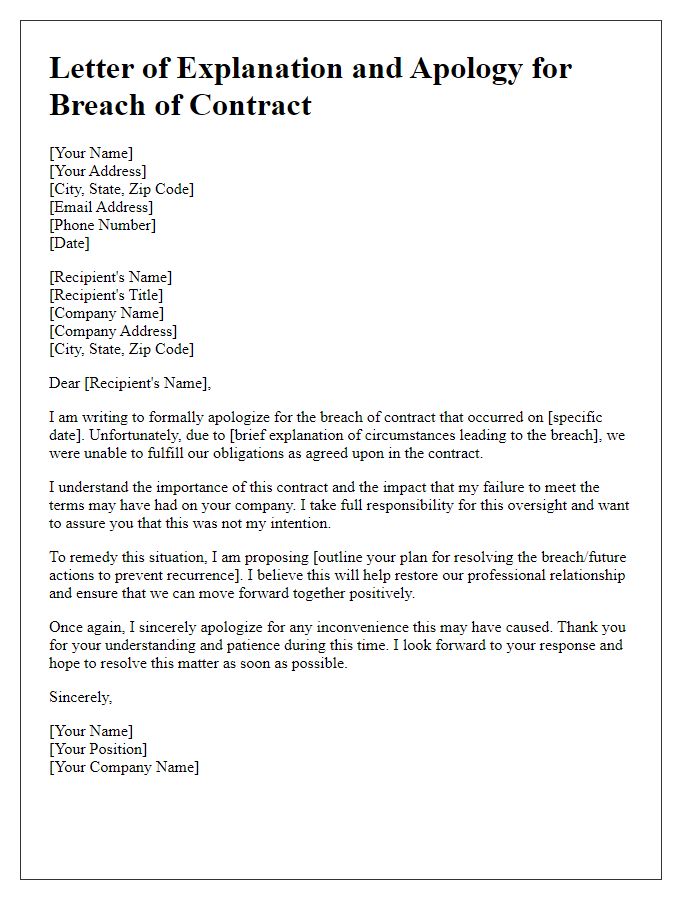 Letter template of explanation and apology for breach of contract