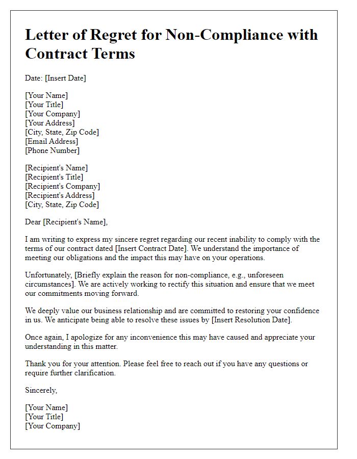 Letter template of regret for non-compliance with contract terms