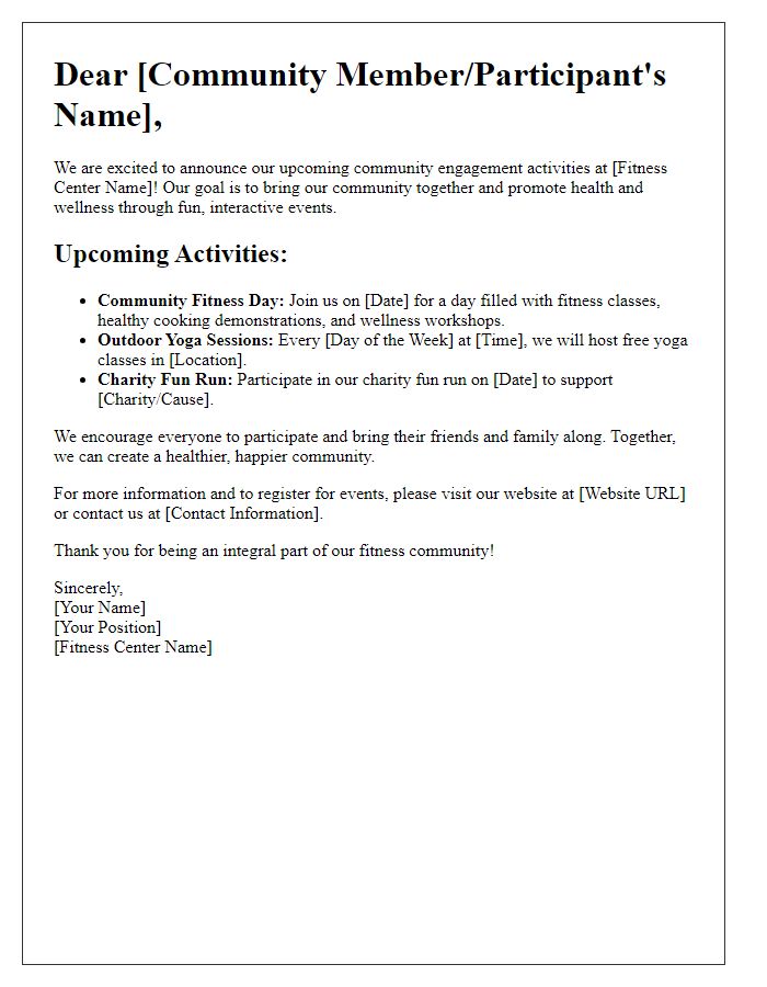 Letter template of fitness center community engagement activities