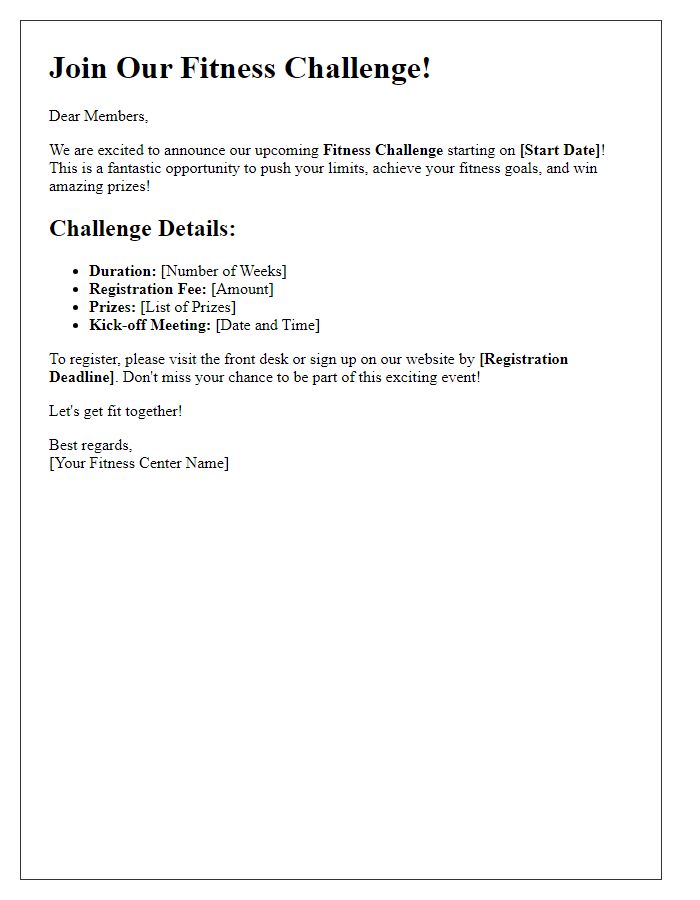 Letter template of fitness center fitness challenge announcement