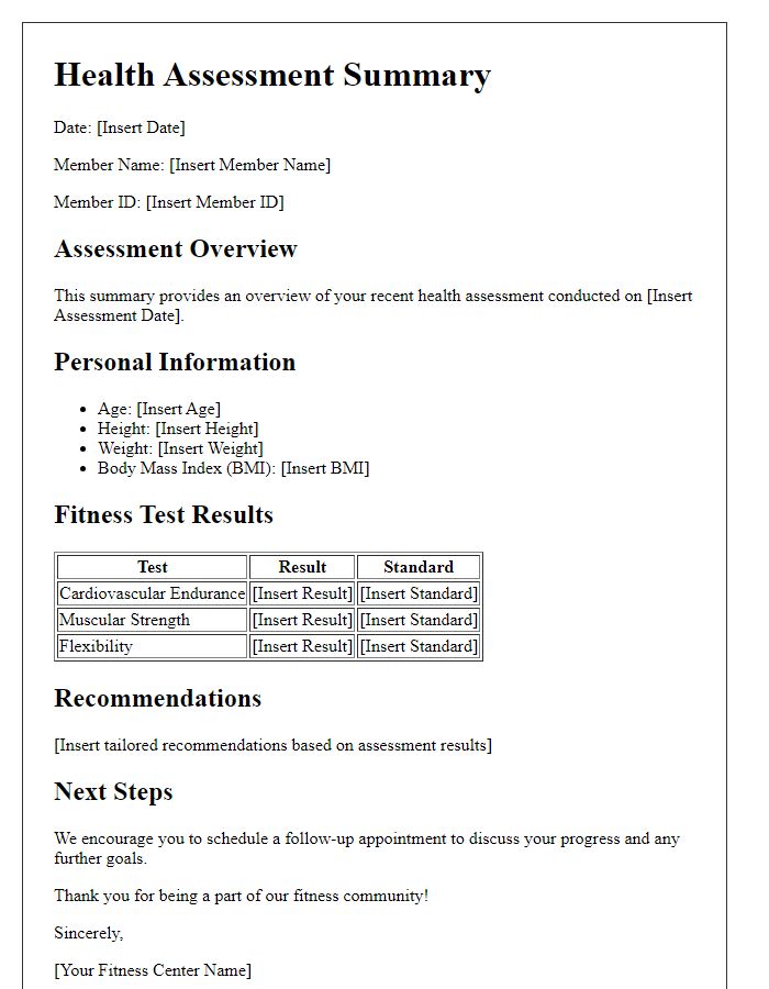 Letter template of fitness center health assessment summary