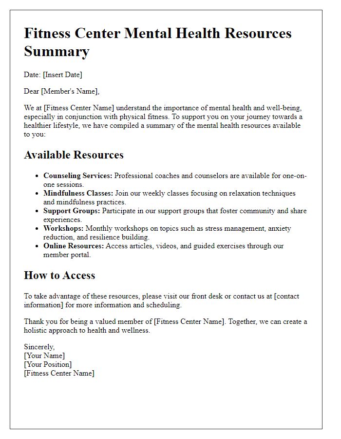 Letter template of fitness center mental health resources summary