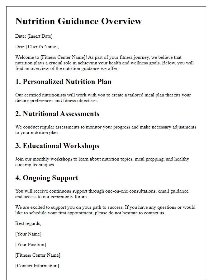 Letter template of fitness center nutrition guidance overview