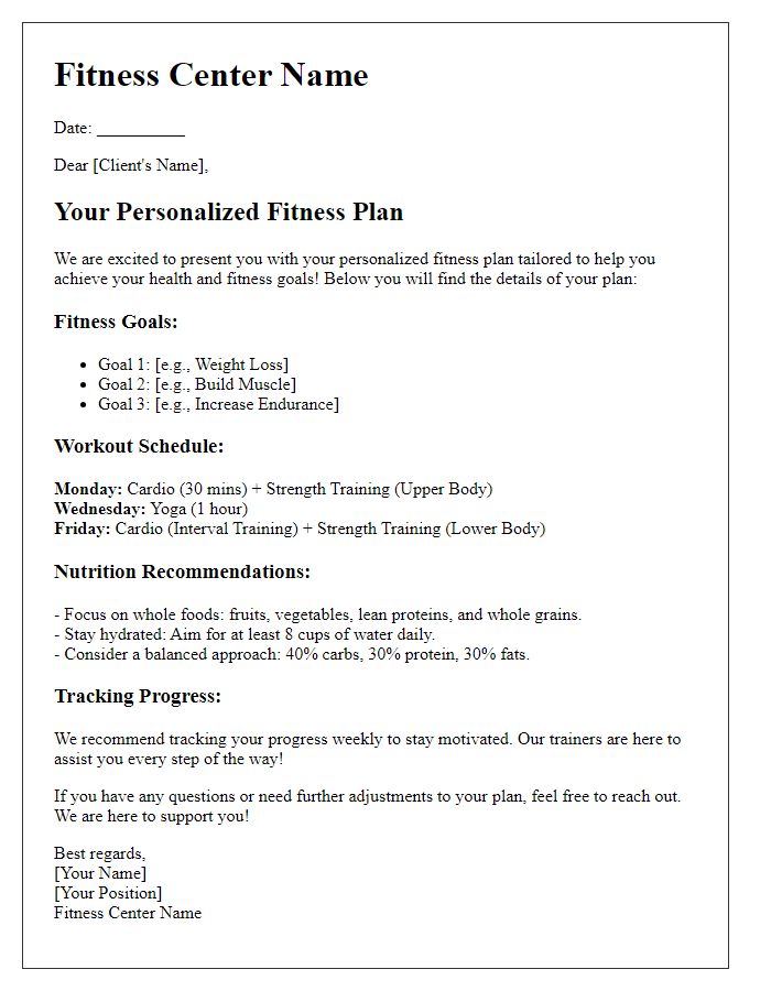 Letter template of fitness center personalized fitness plan