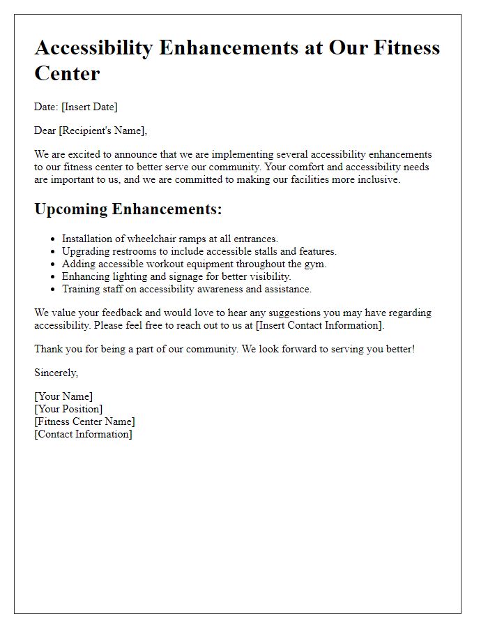 Letter template of accessibility enhancements at the fitness center.