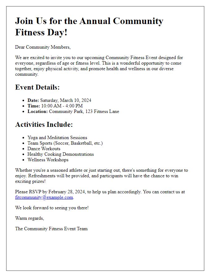 Letter template of community fitness event for diverse groups.