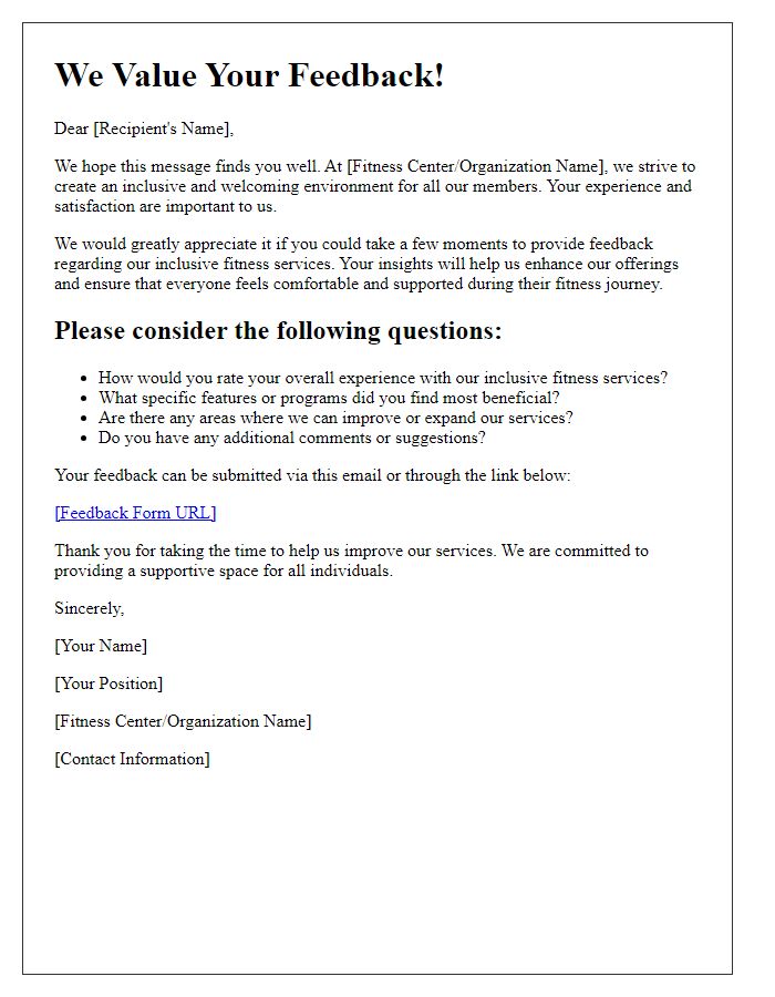 Letter template of feedback request for inclusive fitness services.