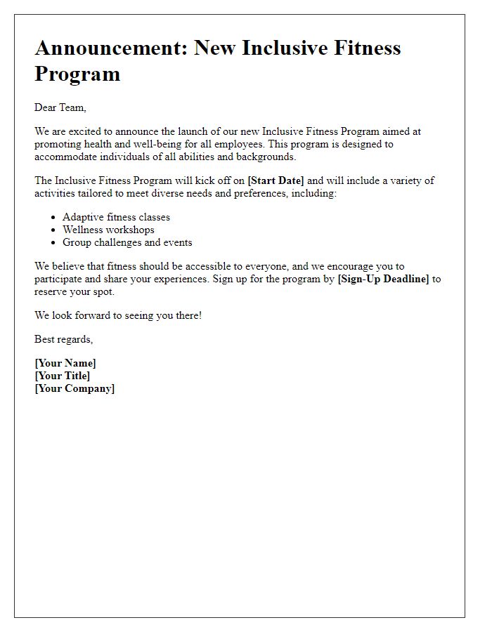 Letter template of inclusive fitness program announcement.