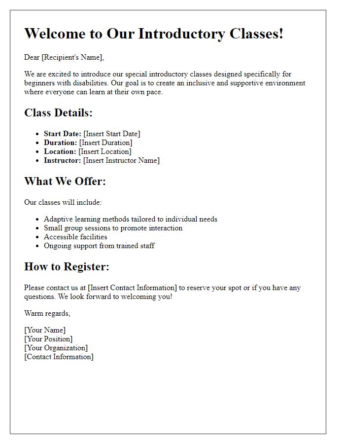 Letter template of introductory classes tailored for beginners with disabilities.