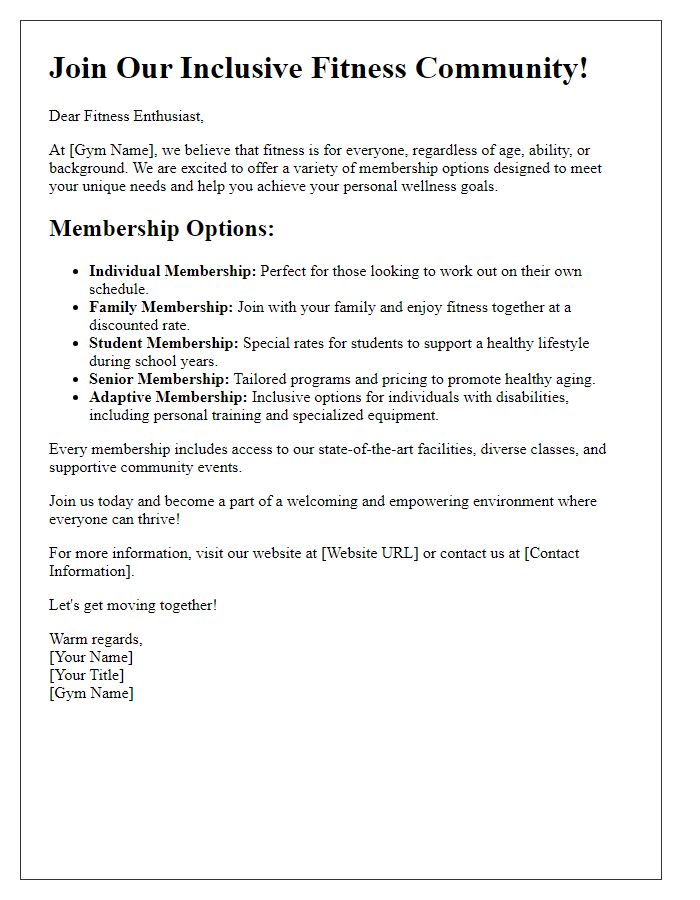 Letter template of membership options promoting inclusivity in fitness.