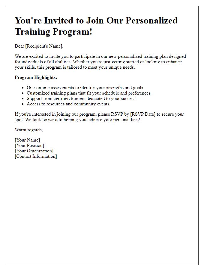 Letter template of personalized training plan invitation for all abilities.