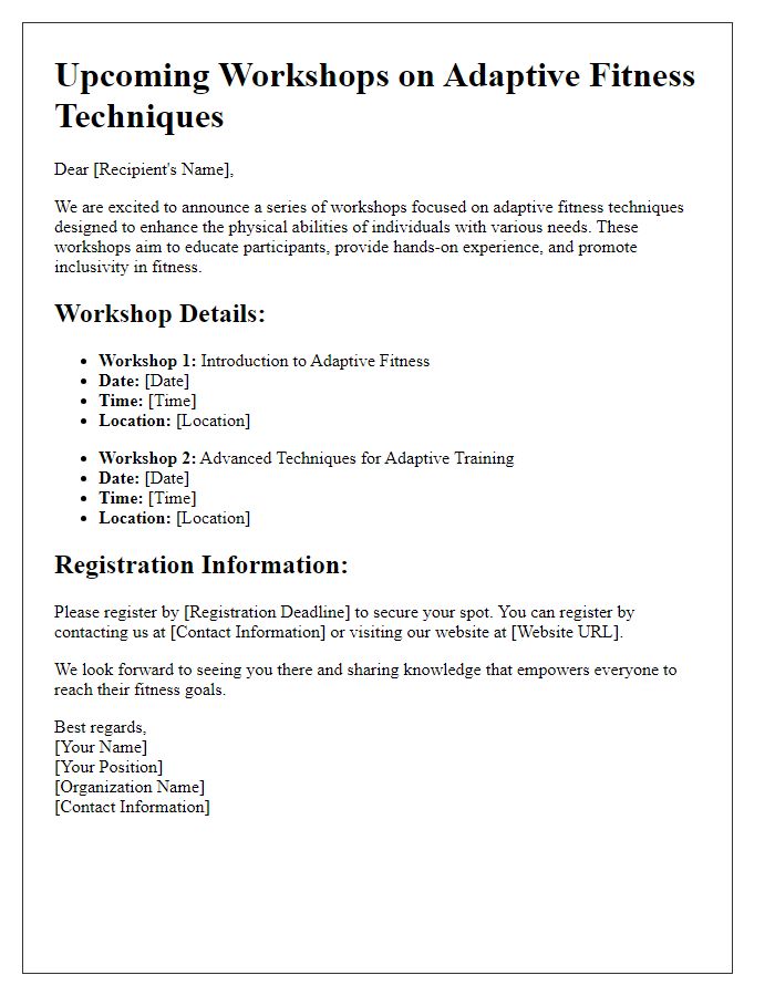 Letter template of upcoming workshops on adaptive fitness techniques.