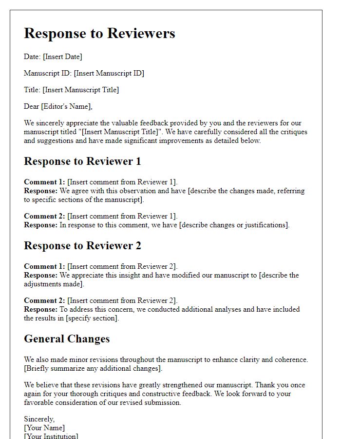 Letter template of detailed reply to reviewers' critiques in an academic journal