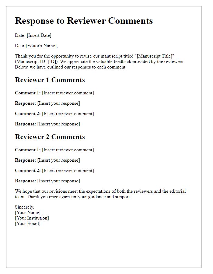 Letter template of response to academic journal reviewer comments