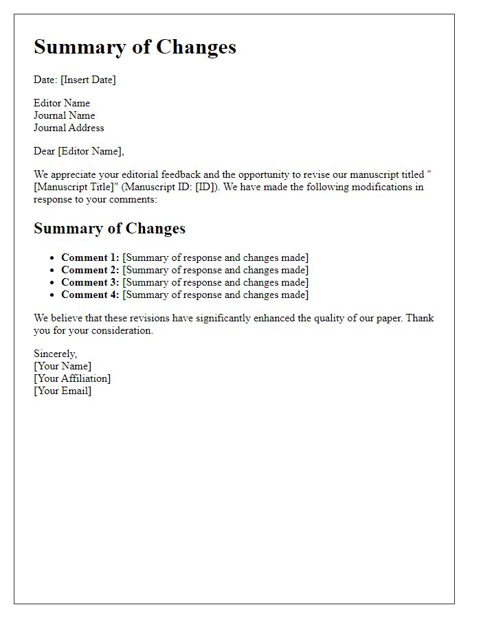 Letter template of summary of changes for academic journal submission