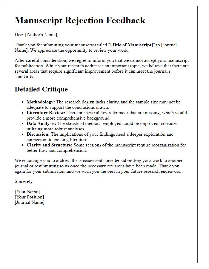 Letter template of manuscript rejection feedback for detailed critique.