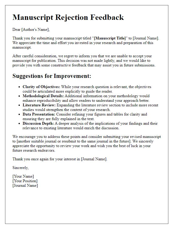 Letter template of manuscript rejection feedback emphasizing constructive suggestions.