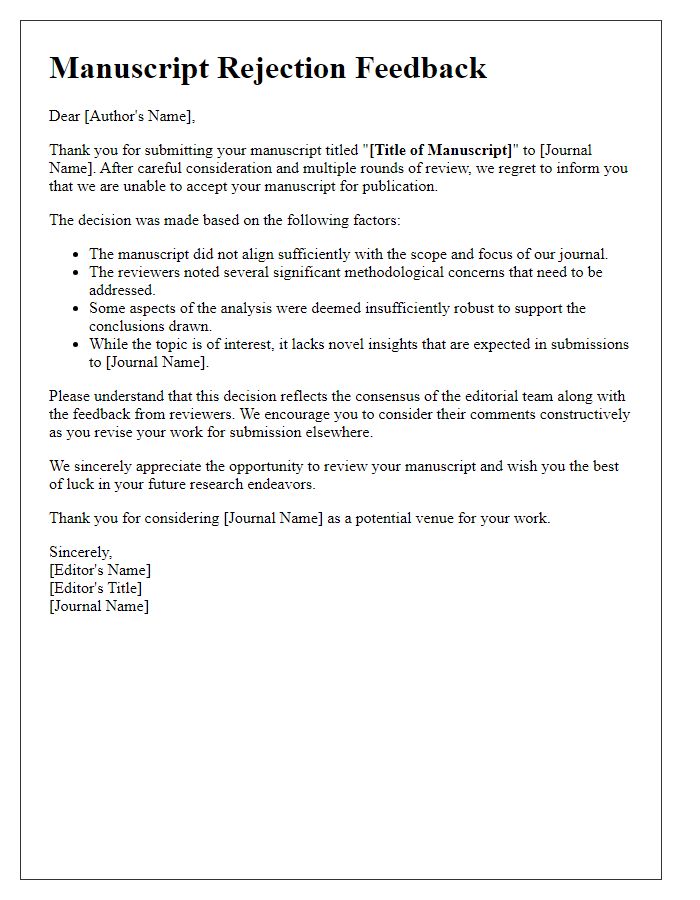 Letter template of manuscript rejection feedback explaining editorial decision process.