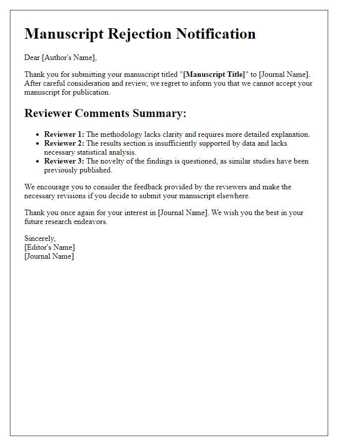 Letter template of manuscript rejection feedback with a summary of reviewer comments.