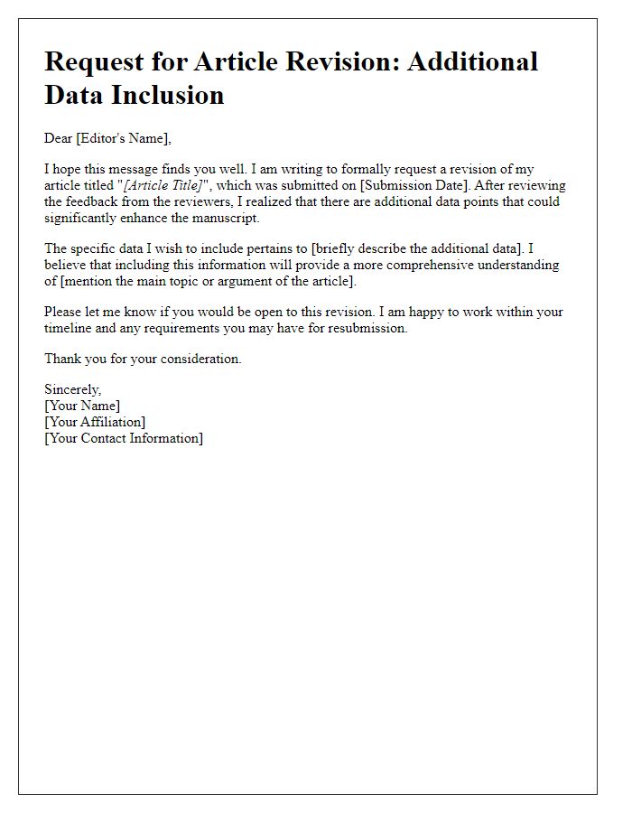 Letter template of article revision request for additional data inclusion.